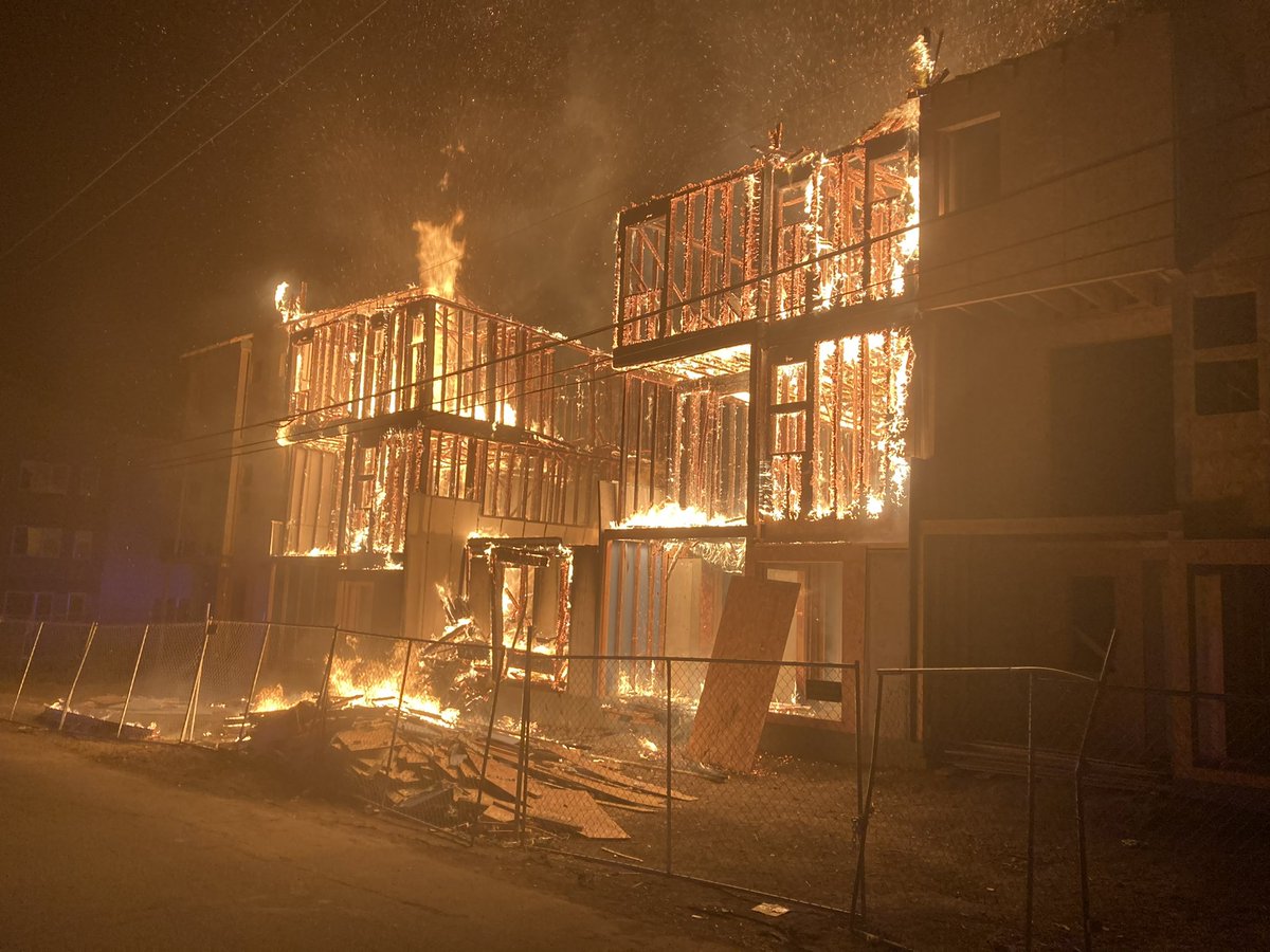 Scene of a two alarm structure fire at 16th Ave. & Routt St. in Lakewood. The fire destroyed at least three townhome units under construction and was fully involved when firefighters arrived. Several nearby homes were evacuated for safety. No injuries