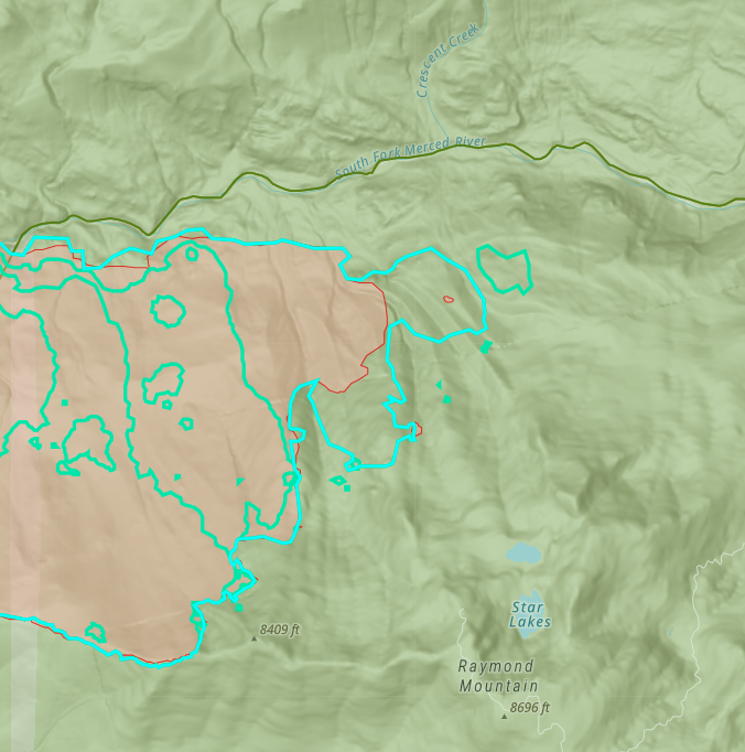 WashburnFire (Yosemite NP) - Intel 12 mapped the fire @ 3,843 acres. No obvious growth other than for the eastern side north of Raymond Mtn - shown below. 17% contained - this could be because of new growth rather than losing existing containment