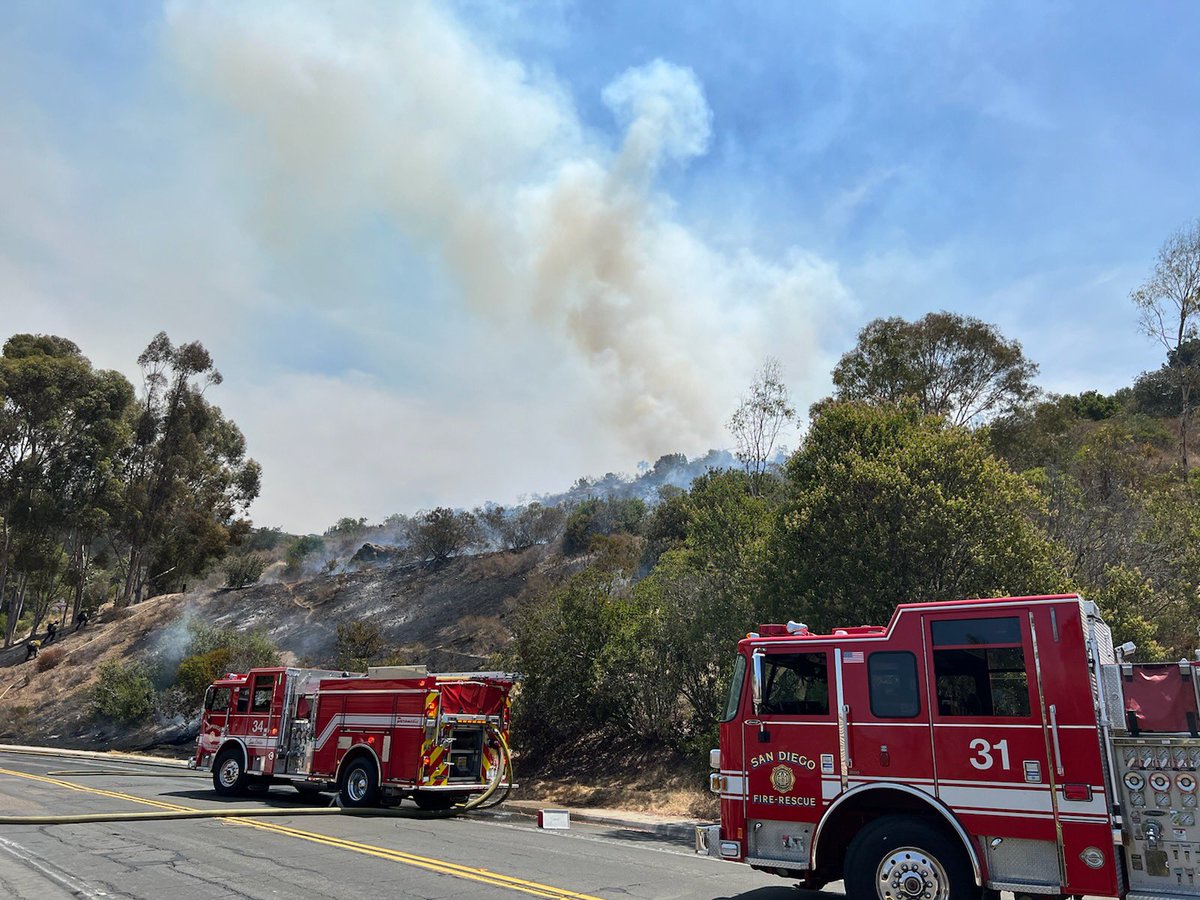 SDFD crews stopped a brush fire in San Carlos - Navajo Rd & Margerum Av area. No structures damaged or threatened, no injuries. No evacuations but please  speed where you see crews working