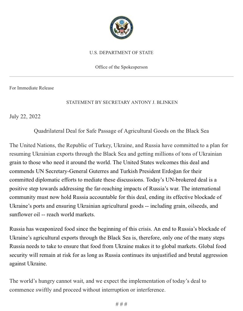 US welcomes this deal and commends UN Secretary-General Guterres and Turkish President Erdoğan for their committed diplomatic efforts to mediate these discussions, says @SecBlinken in a statement