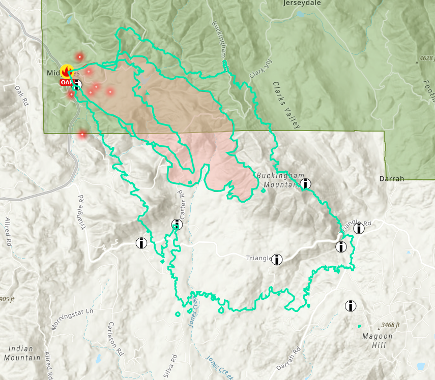 OakFire (Midpines, Mariposa Co) - 5,712 acres per FIRIS. Key notes: on both sides of Silva Rd north of Van Ness. Is not yet @ the Snow Creek/WF of Chowchilla River as previously reported - it is 1 mile to north. Nothing west of Hwy 140 or E/O Jerseydale Rd. Map = FireMappers