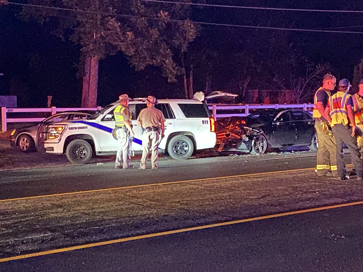 Scene of a crash involving a Smith County Sheriff's Office unit.  All traffic on Hwy. 155 near CR  1237 is blocked