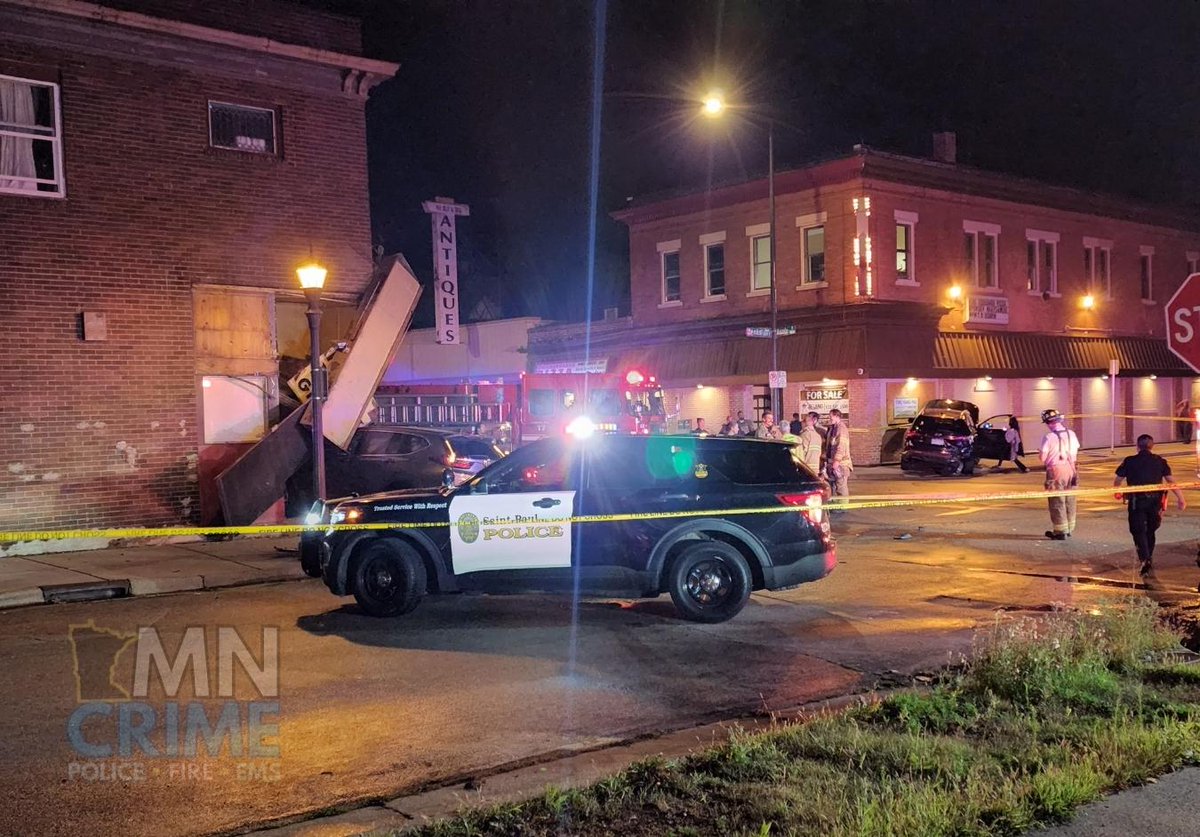 A photo from the scene shows one vehicle that crashed into the front of a business at Arcade & Jenks Ave., with the other vehicle striking a building across the intersection