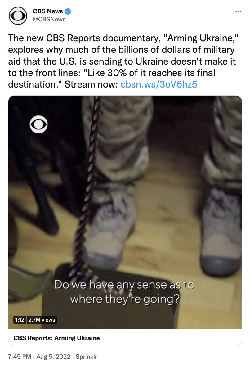 CBS News: We removed a tweet promoting our recent doc, Arming Ukraine, which quoted the founder of the nonprofit Blue-Yellow, Jonas Ohman's assessment in late April that only around 30% of aid was reaching the front lines in Ukraine