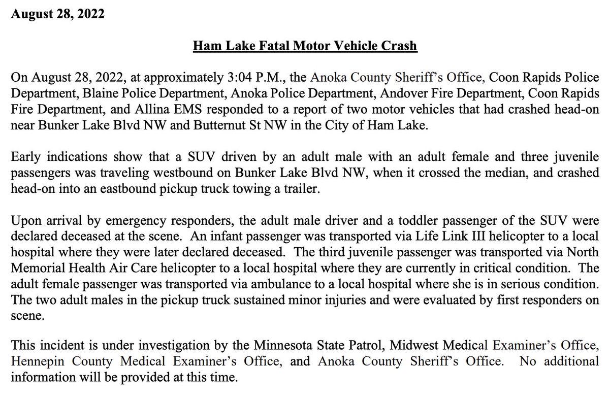 ACSO has confirmed that an adult male driver and a toddler passenger died at the scene of the crash. A third juvenile passenger was transported to the hospital in critical condition