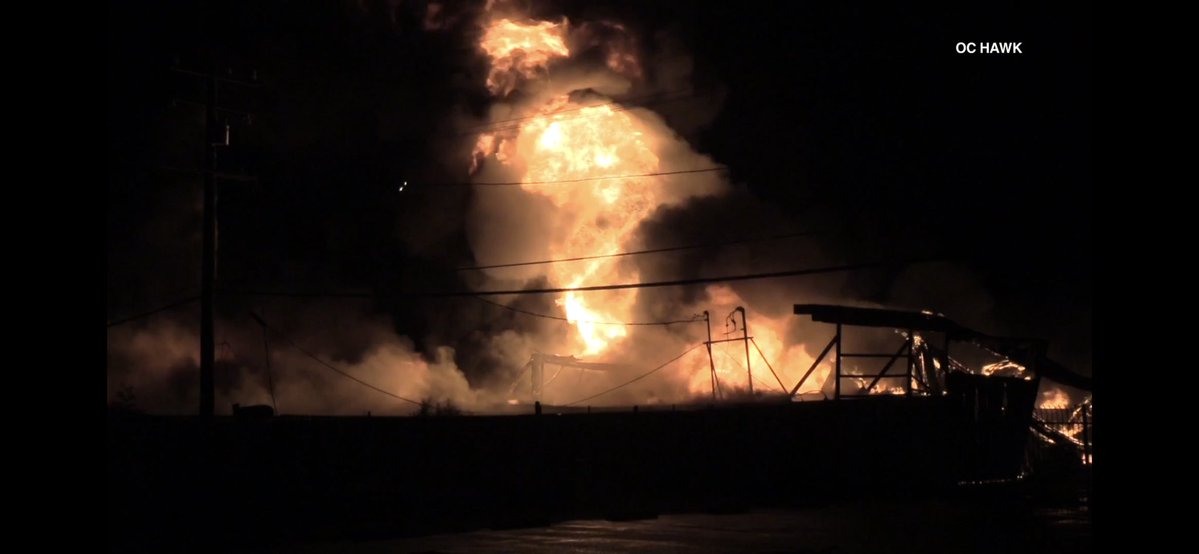 CHINO - A massive fire ripped through a hangar at Chino Airport overnight, completely destroying the building