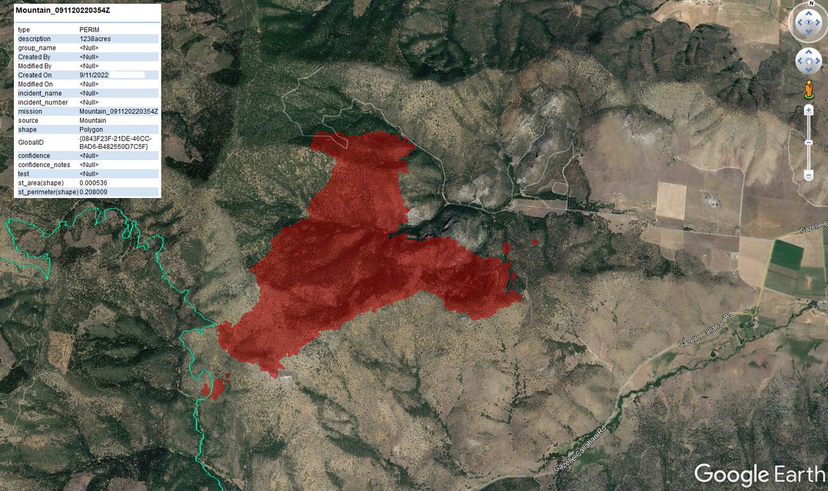 MountainFire (S/W of Gazelle, Siskiyou Co) - FIRIS has mapped the new growth from today at 1,238 acres as of about 11pm, seems to include about 10 spot fires as well. Cyan line = old perimeter, red = the new growth. New total acreage for the incident: 12,568 acres