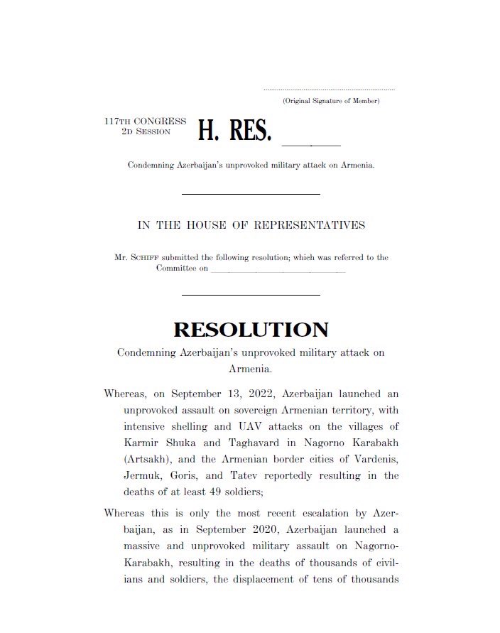 Chairman of the House Intelligence Committee Adam Schiff Adam Schiff: Azerbaijan must stop attacking and terrorizing  Armenian civilians. And the U.S. and its allies must unequivocally condemn Azeri actions.  Today, we introduced a resolution with a resounding message: No more U.S. support for Azerbaijan. It must pay for its belligerence