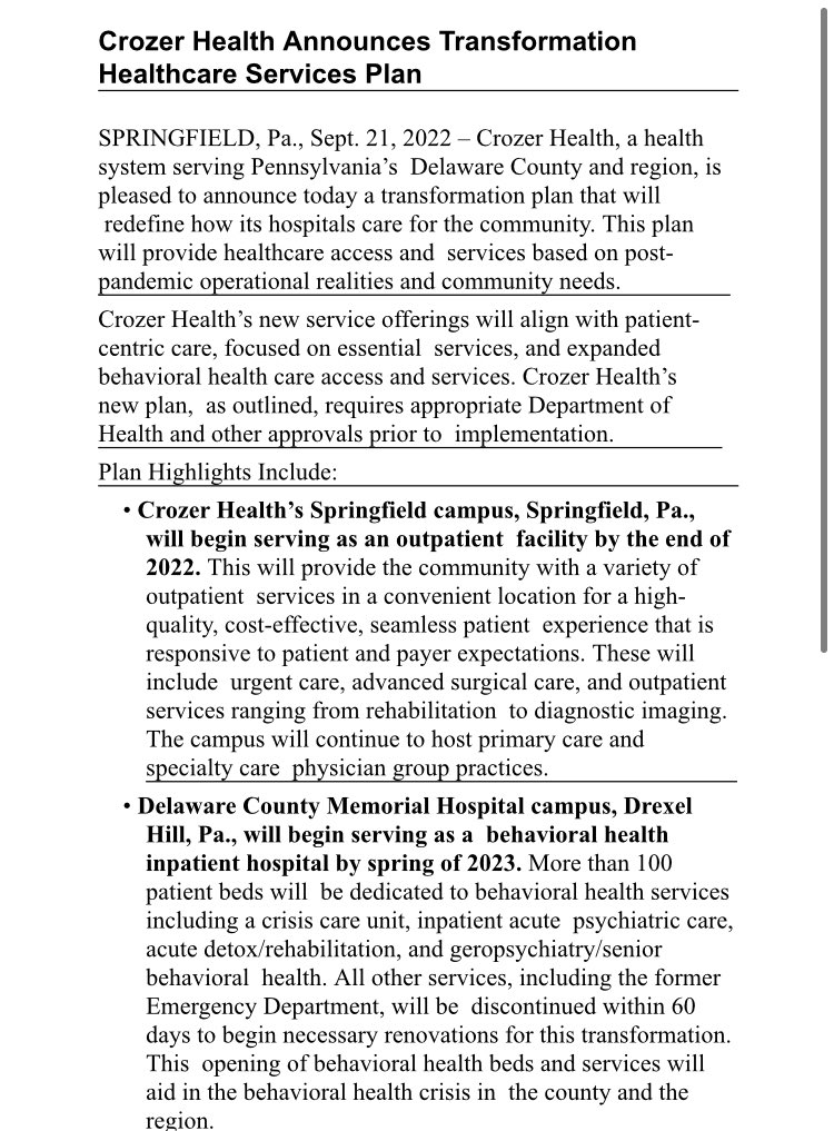 Delco Memorial Hospital ER to shutdown, Springfield Hospital to become outpatient facility — details announced by Crozer Health in realignment of its health services in Delaware County