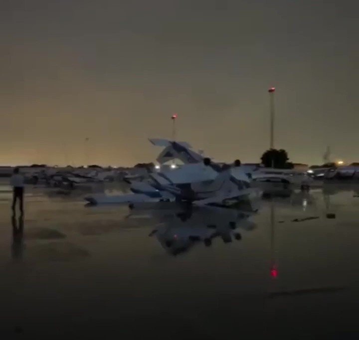 Multiple small planes have been damaged from a possible tornado Hollywood  Florida   Video shows multiple small aircrafts have been flipped over and damage after a possible tornado touch town near North Perry Airport in Hollywood in Florida from hurricane Ian