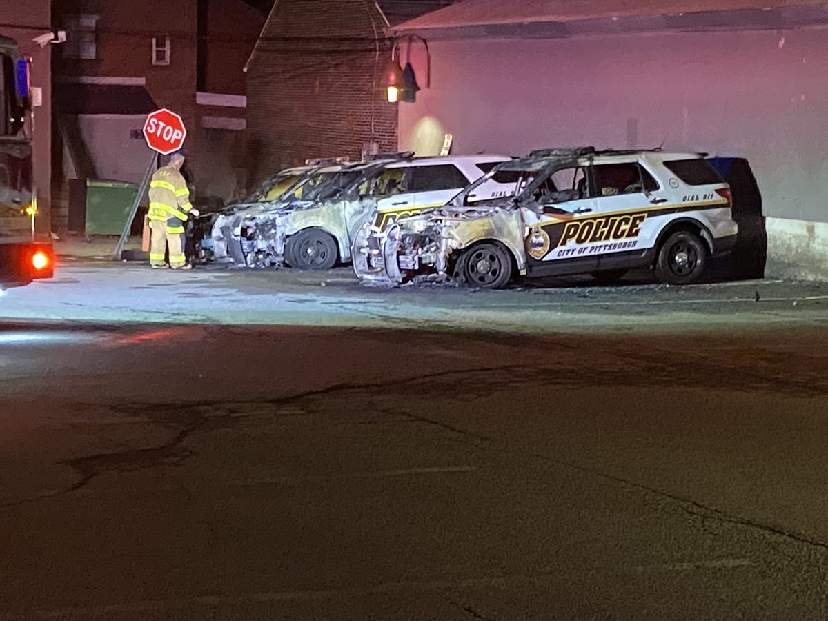 Three @PghPolice cars went up in flames this early Wednesday morning. This is off of Western Ave, not too far from headquarters. Police say this is considered suspicious. Fire investigators on scene. Expecting more info shortly