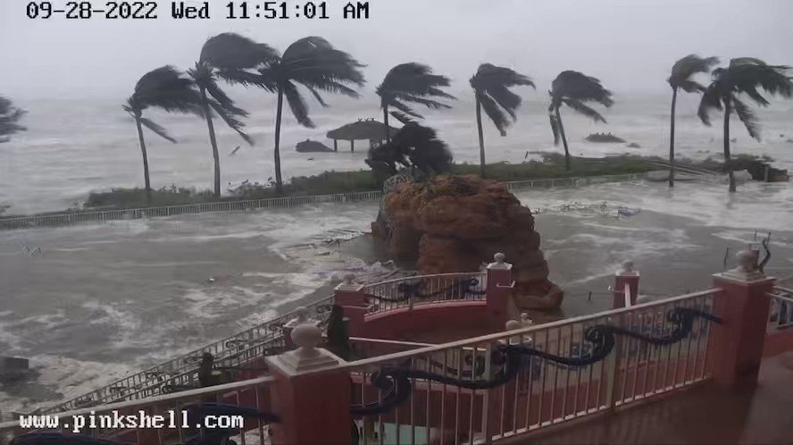 HurricaneIan live pool cam from the Pink Shell resort on Fort Myers Beach. The tiki hut in the distance almost submerged. Notice the water flowing fast into the resort and the palm trees bending over from the high winds