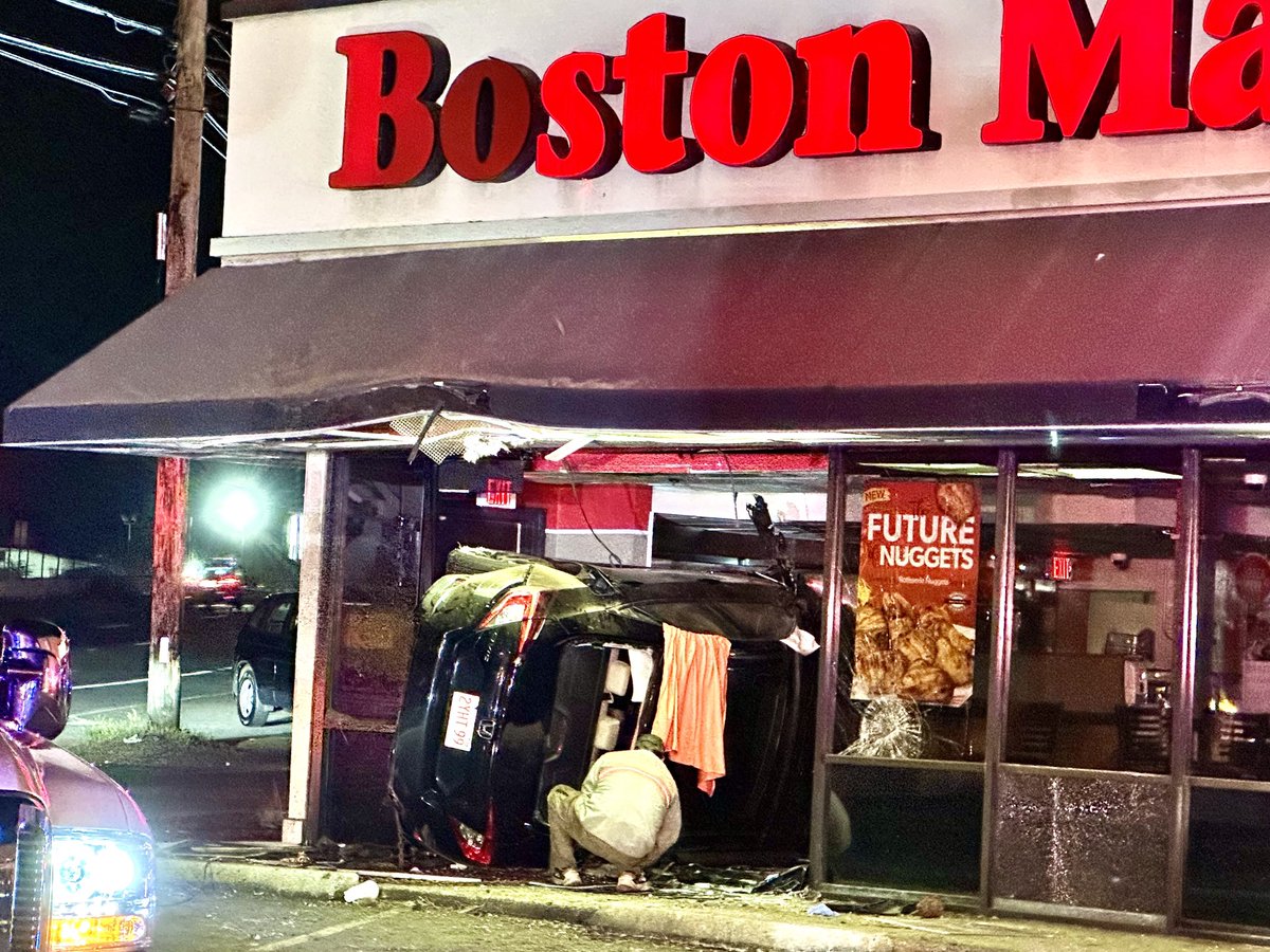 Into the fast lane at Boston Market. One person transported to the hospital after the car she was driving crashed into the bldg about 1:30am Saturday morning in Saugus. Non life threatening injuries