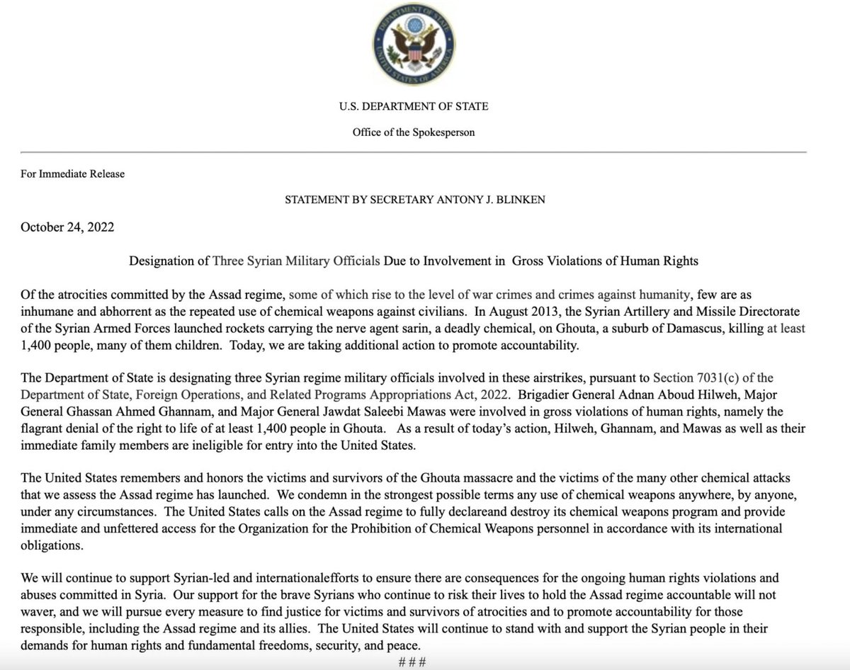 Biden admin issues sanctions on x3 Assad government SAA officers for their role in the August 2013 Sarin attack on Eastern Ghouta:  - Brig. Gen. Adnan Aboud Hilweh - Maj. Gen. Ghassan Ahmed Ghannam  - Maj. Gen. Jawdat Saleebi Mawas