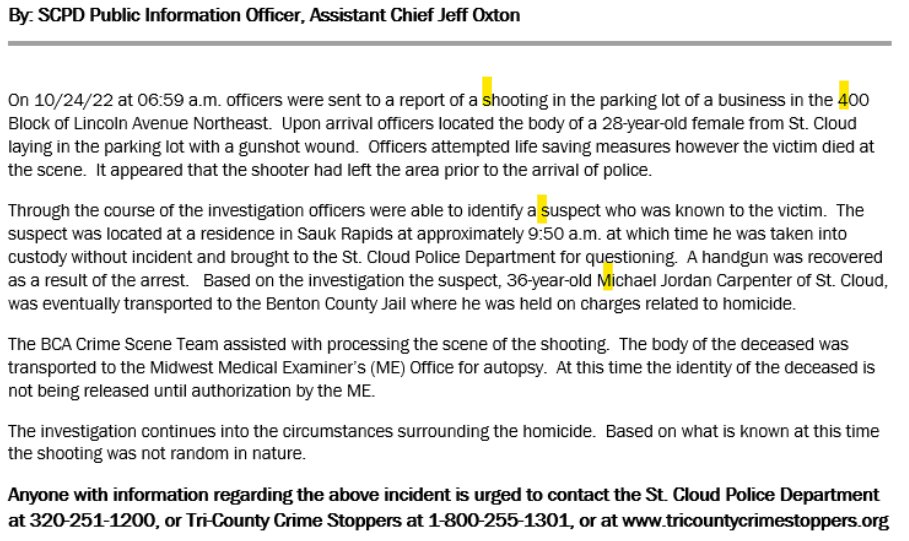 Homicide in St. Cloud this morning. A 28-year-old female died in the shooting. Michael Jordan Carpenter, 36, is in custody. The victim and suspect were known to each other.