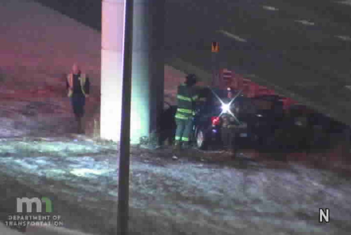 MINNEAPOLIS: Serious-injury crash near the ramp from Hwy. 55 to northbound I-35W  - Units on scene after a driver appears to have struck a bridge pillar. One occupant of the vehicle was being transported by EMS around 10:35 p.m. and was reported to be in cardiac arrest