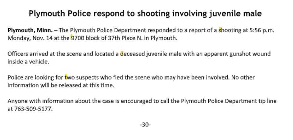 Plymouth police have confirmed the shooting DOA/homicide we posted earlier.  A juvenile male was found deceased in a vehicle from an apparent gunshot wound. Two suspects are being sought