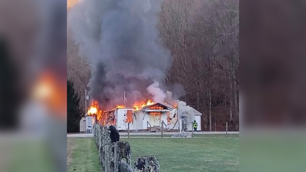 Crews rushed to battle the flames that destroyed Harmons Creek Nazarene Church yesterday in Poca, West Virginia.