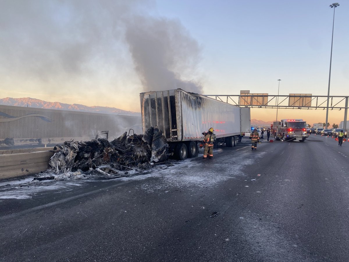 Crash involving tractor-trailer on I-15 southbound near the Las Vegas Speedway. Troopers say cleanup could take several hours