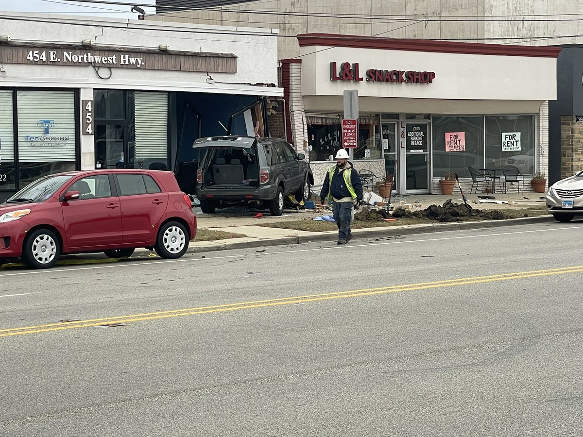 Driver crashes into building at 454 E Northwest Hwy in Des Plaines. We're awaiting confirmed info from authorities, but told people are being asked to avoid the area around the crash, expected to be closed for several hours due to a gas leak after the crash