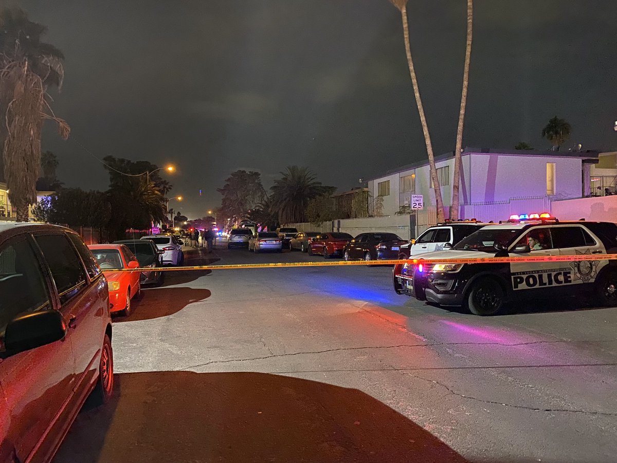 The scene near the 3800 block of Royal Crest Street where Las Vegas police are investigating a shooting that left one person dead and one critically injured