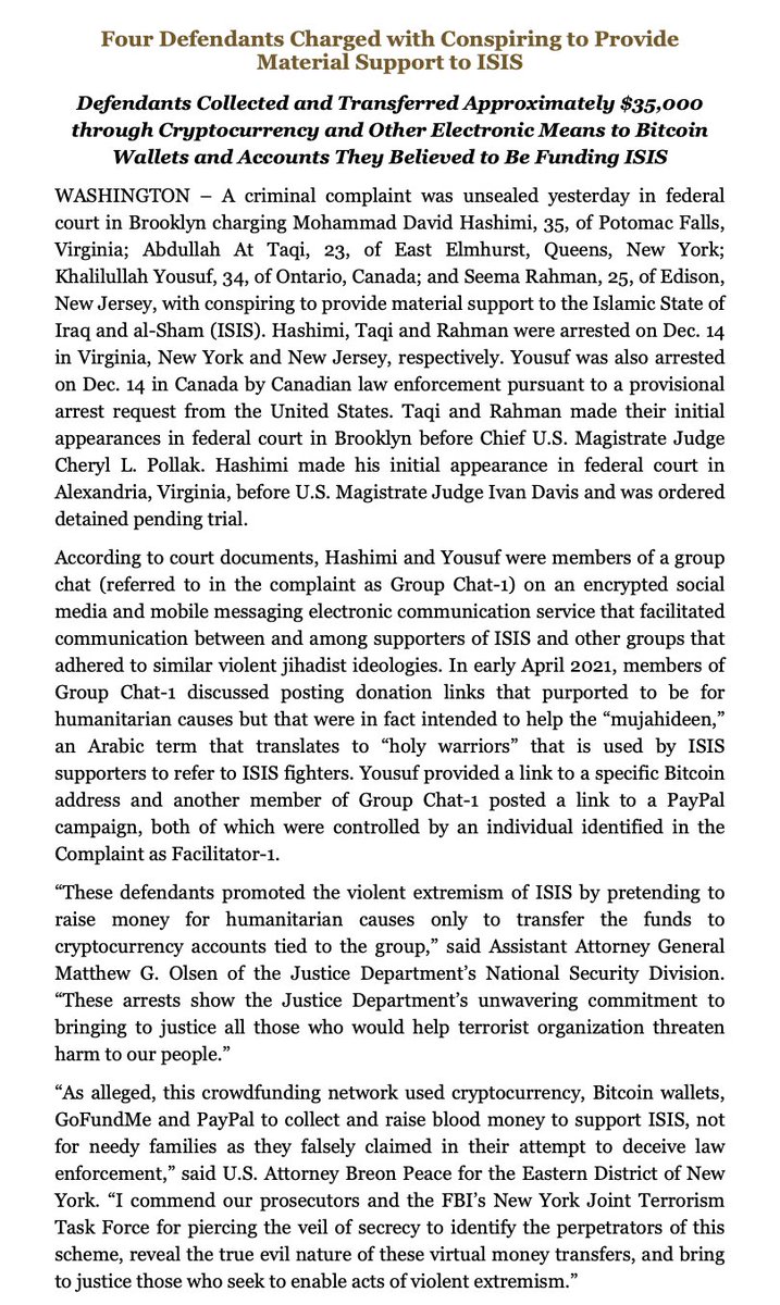 4 individuals - from NewYork Virginia NewJersey & Canada - charged with trying to send $35,000 in Bitcoin to ISIS   Per @TheJusticeDept, all four suspected were arrested yesterday (Dec 14)