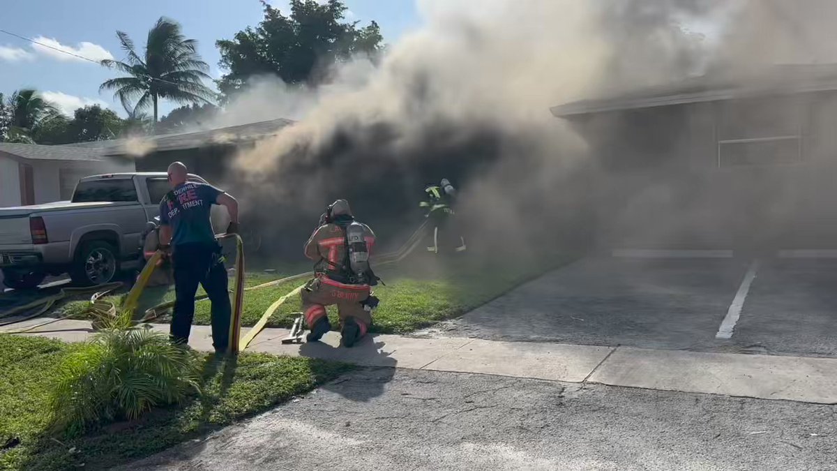 Lauderhill FD along with @sunrisefirerescuefl responded to a residential structure at 1700 NW 54 Ter.  One civilian was injured attempting to extinguish the fire prior to units arrival. 9 residents in two apartments displaced assisted by the @sflredcross