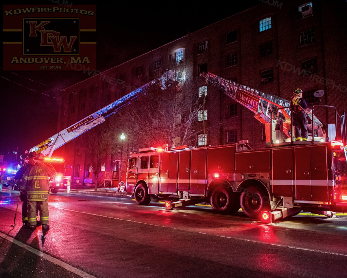 Lawrence 3rd alarm tonight at 1 Broadway at the corner of Canal St. Fire on floor 5 of a 6sty mill building. Came in as a central alarm with fire visible by C21 on arrival. A lot of hard work to get ahead of & put the fire out