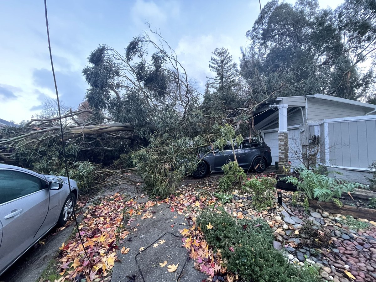 A tree splits a home in half in Castro Valley after yesterday's storm.  One person has been taken to the hospital but now two adults and four children have been displaced.  The mess has yet to be cleaned up. I've reported the damages to @PGE4Me. About 60 customers with o power