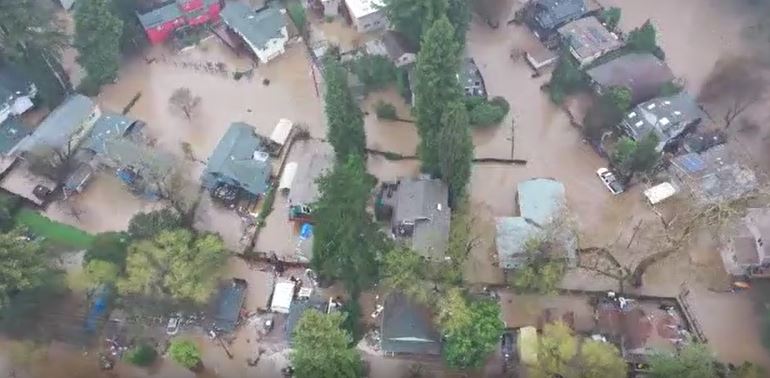 An aerial view of flooded Felton, Santa Cruz County.