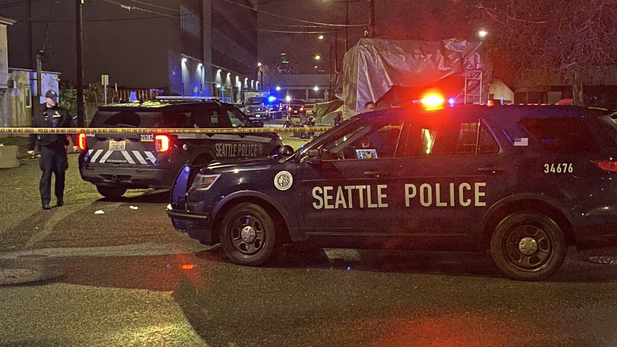 Seattle police investigating a shooting at 5th Ave S. and S. Michigan Street in Georgetown. 2 men pronounced dead inside a car. Police canvassing area for witness info/video. K9 deployed to track. Encampment nearby.