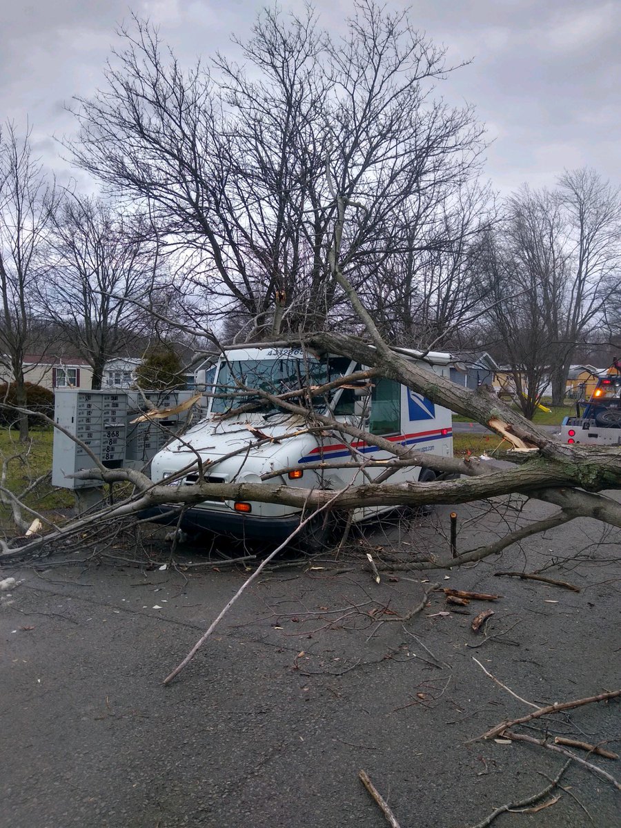 This is from yesterday—tree fell on top of this mail truck in the Dogwood Mobile Home Park in Derry, Westmoreland Co.