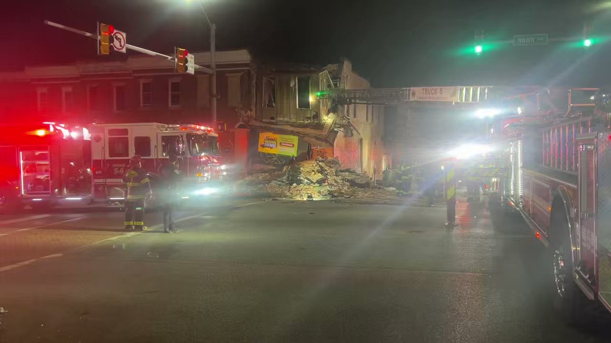 First responders at E. North Ave. and N. Wolfe St. trying to rescue two people from beneath a collapsed building.   @BaltimorePolice confirm a car struck a house and the debris hit a pedestrian. The pedestrian is in critical condition.