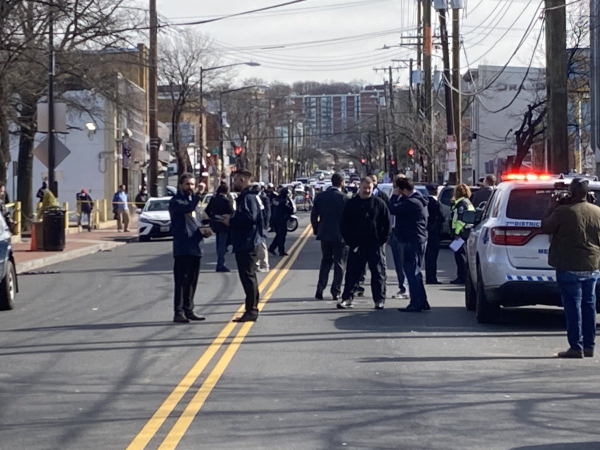 A large police presence in the 1300 block of Good Hope Road in Anacostia after an officer involved shooting around 10am.