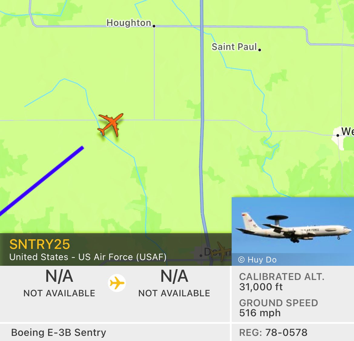 US Air Force Sentry surveillance aircraft appears to be en route to the scene