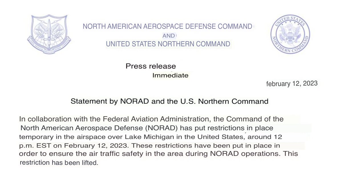 NORAD has announced that the Airspace over the Northern Section of Lake Michigan was Closed to Ensure the Air Traffic Safety in the area during NORAD Operations however they have not stated what this could entail