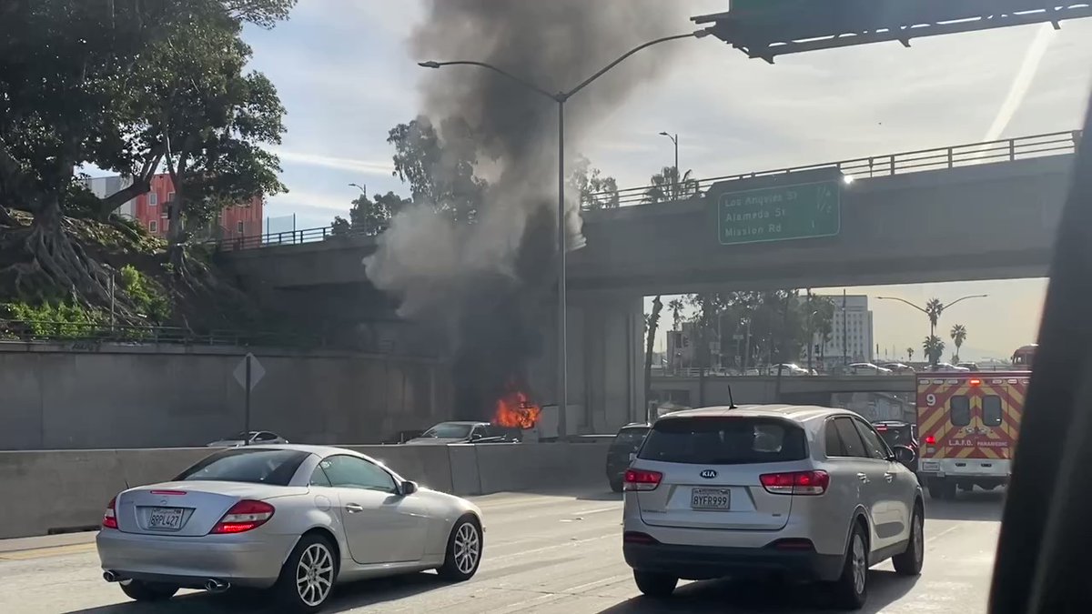 LAFD Engine 20 was soon thereafter at scene, with Engine 203 backing them up as additional water supply. We're pleased to report no injuries.  Why two Engines some ask There are no fire hydrants on the freeway