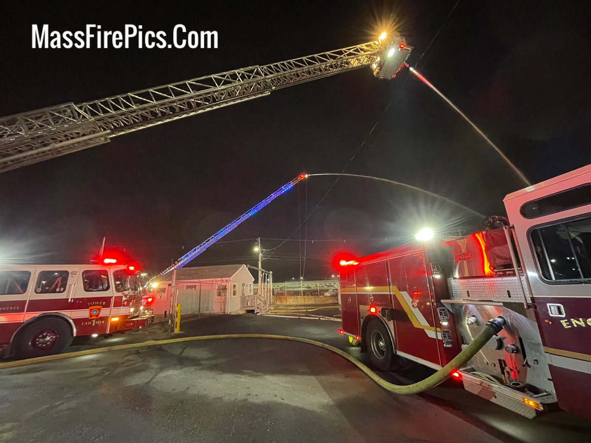 UD 2nd Alarm/Tier-1 Haz Mat Braintree Ma. 1 Hill Ave. Fire is knocked down, wetting down, (2) Ladder Pipes & deck guns in operation