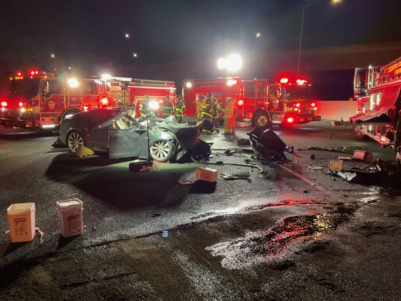 Driver in a @Tesla dies after striking fire truck on I-680. @ContraCostaFire says truck was blocking lanes from previous accident. Passenger taken to the hospital. Four firefighters also transported for evaluation