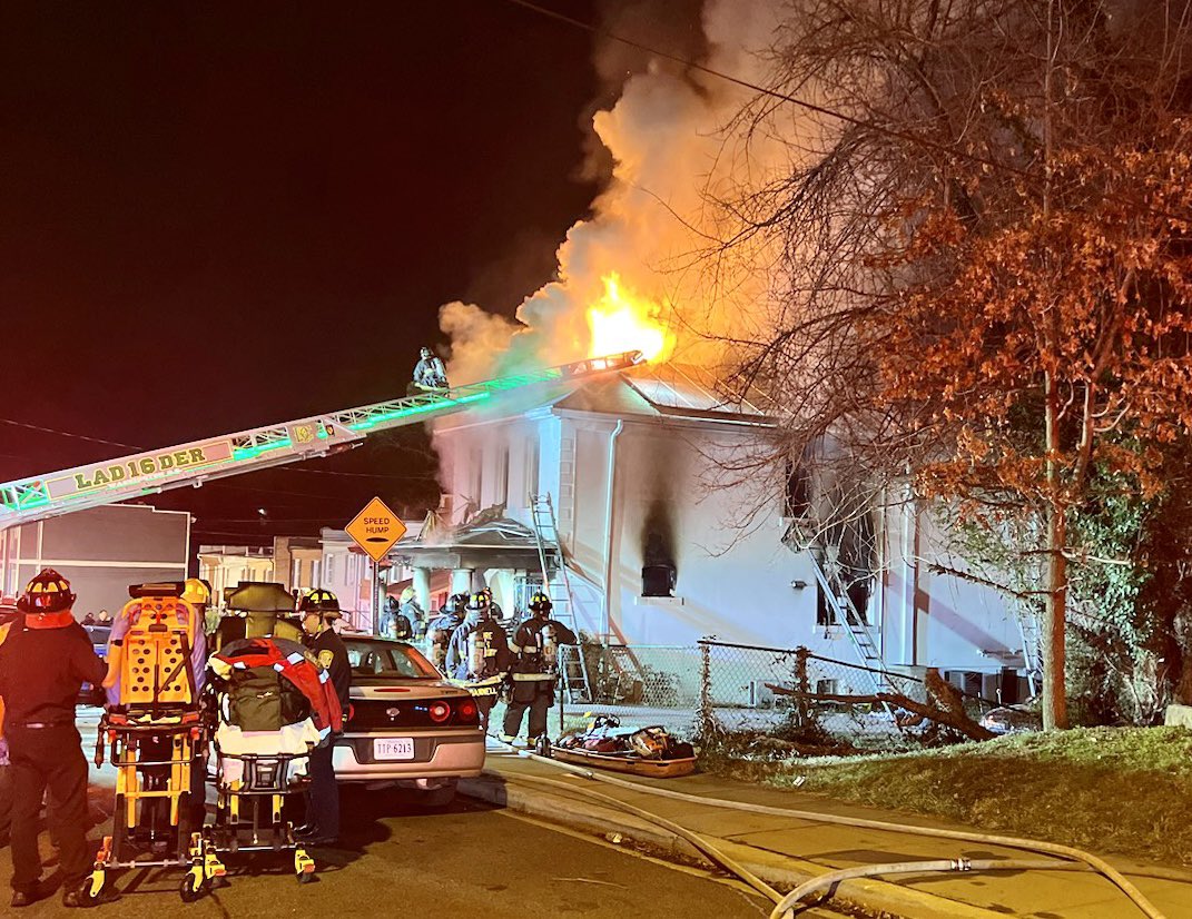 Working Fire 2200 block Hunter Pl. SE. Fire thru out a large 2.5 story detached house. Visible fire knocked down. Opening up and hitting hotspots. No reported injuries. DC firefighters