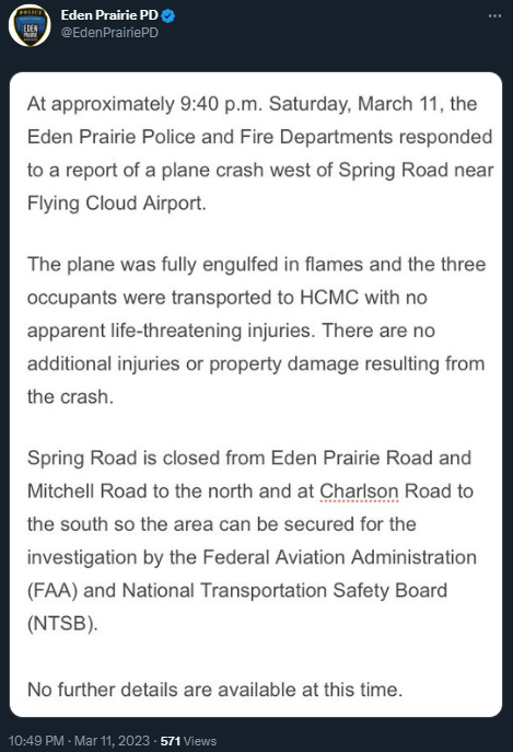 Eden Prairie police have confirmed the plane crash we reported. Three people were transported to the hospital with no apparent life-threatening injuries. No other injuries or property damage were reported