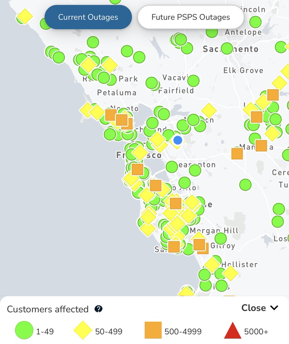Several thousand power outages on the PG&E. 75mph wind gust at Los Gatos
