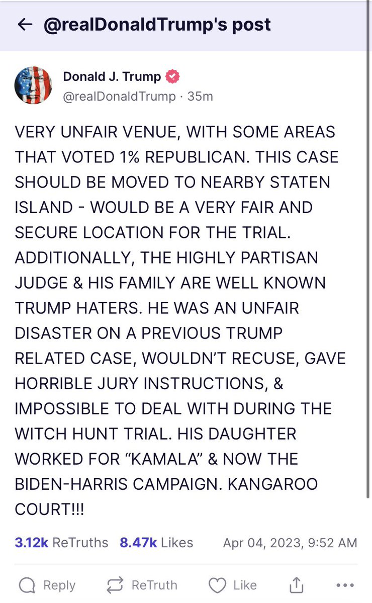 New posts from former President Donald Trump on his social media site Truth Social. Both posts are in all caps. He ends this post with “THE RADICAL LEFT DEMOCRATS HAVE CRIMINALIZED THE JUSTICE SYSTEM. THIS IS NOT WHAT AMERICA WAS SUPPOSED TO BE!”