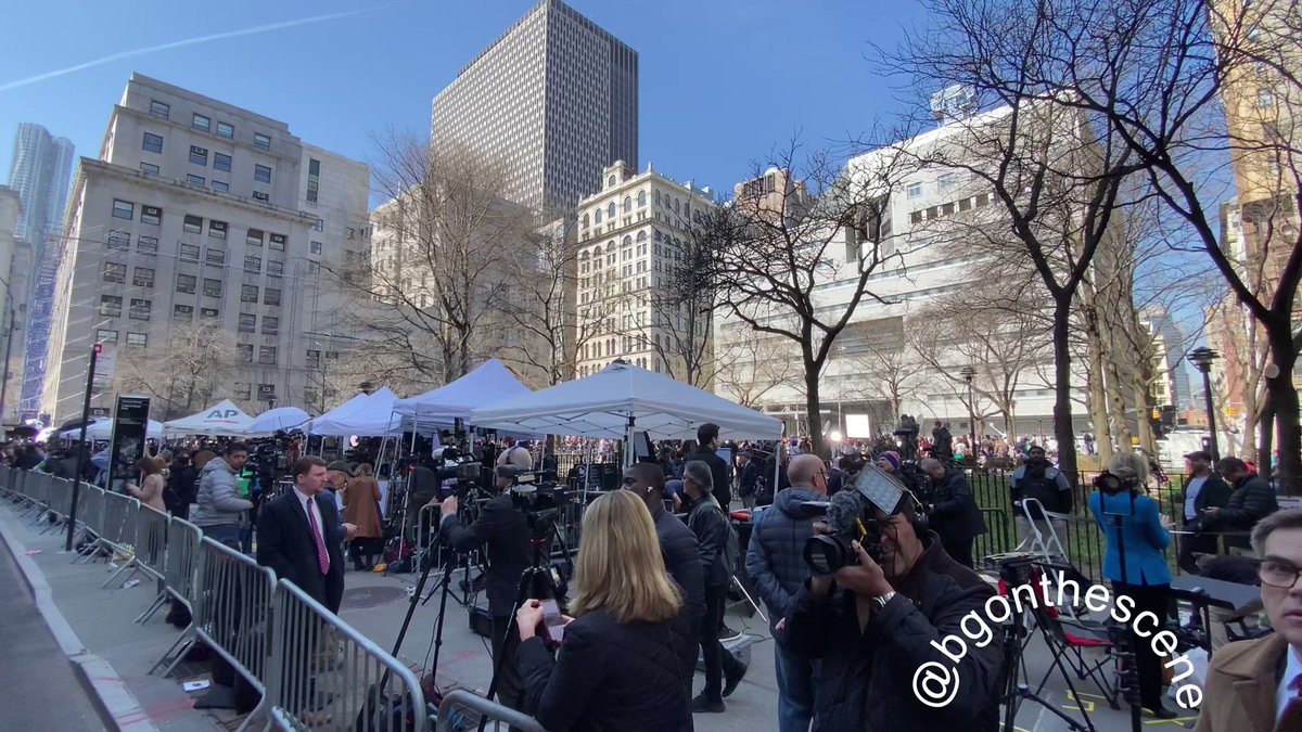 Massive media presence and lines of police outside the Manhattan Criminal Courthouse in New York