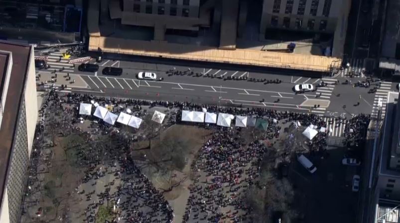 The scene outside the Manhattan Criminal Courthouse. Former President Donald Trump inside now to face a judge on charges related to hush money payments to Storm Daniels