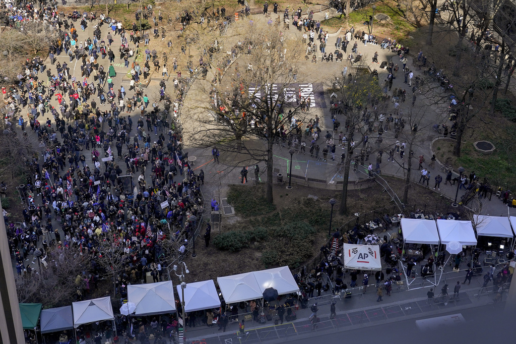 Aerial view of demonstrators gathered outside the U.S. Courthouse in lower Manhattan as the TrumpArraignment is set to begin inside