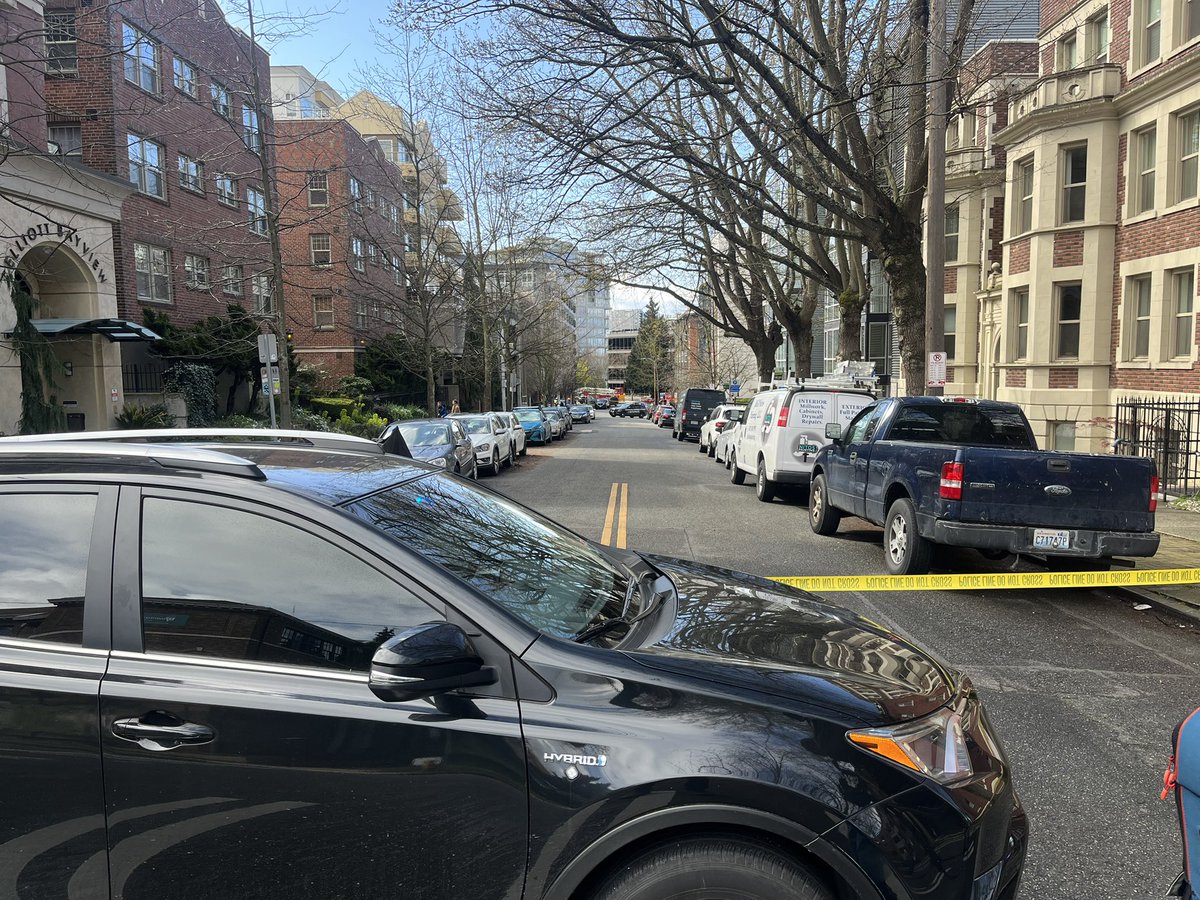 A look down Warren Ave in Lower Queen Anne where, in explosion, just injured a man. Police has sealed off the area to look for other possible explosive devices