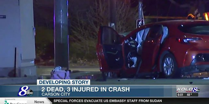 Two people died in a car crash on US-50 at 10 pm Sunday at East William Street and Saliman Road, after merchandise was stolen from the Burlington Coat Factory. @Carson_Sheriff's investigators said the 2 people killed were in the suspects' vehicle.