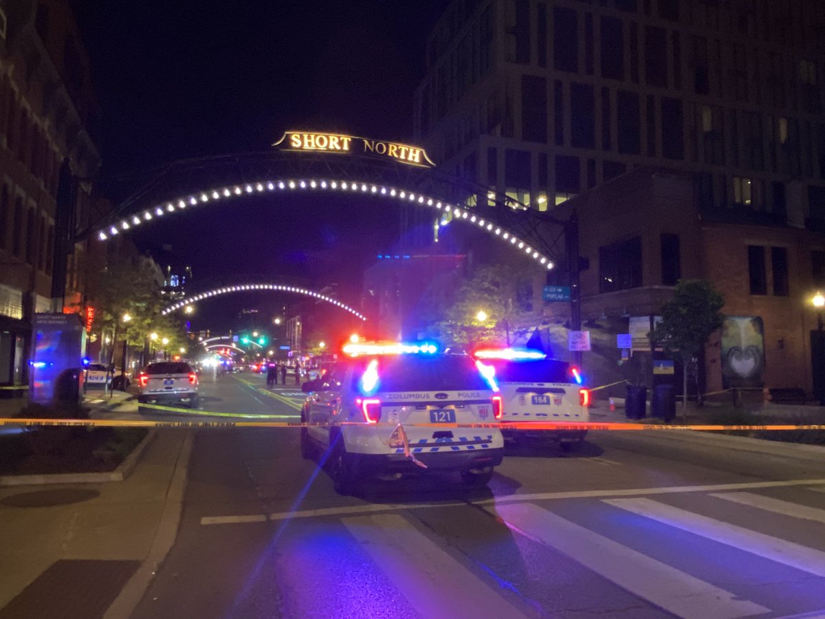 Several blocks of High St. blocked off and sealed with crime scene tape following Short North shooting after 2:30am. Multiple victims. Hearing @CPD searching for possible suspect car. Silver Mercedes