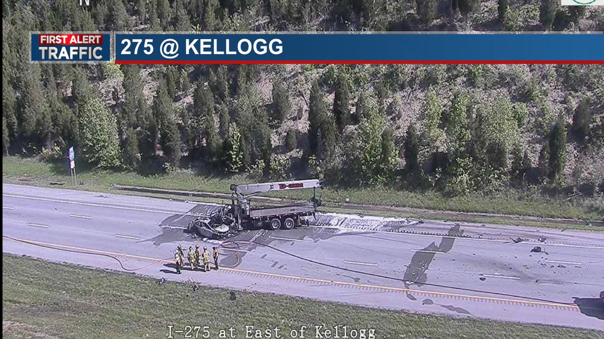 Cab of truck is melted. 275WB shut down near Kellogg Avenue